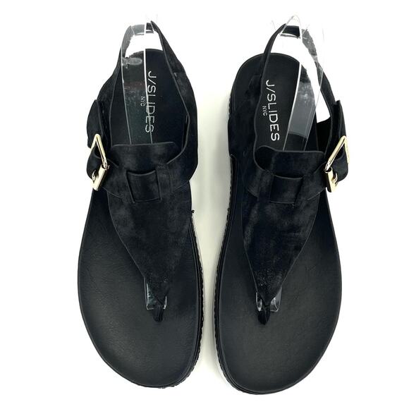 J/Slide NYC Platform Sandal Size 10 Black Shimmery Leather Thong-Toe Slingback - Picture 4 of 16